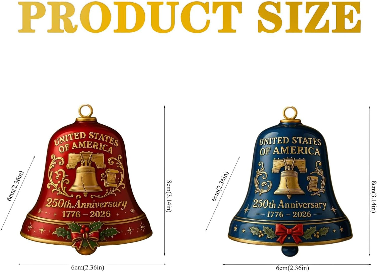 USA 250th Anniversary Bell Ornament - 3D Vintage Metal Design for Patriotic Holidays | Set of 2 Red & Blue