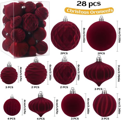 Celltestria Velvet Christmas Balls - 28PCS Flocked Shatterproof Burgundy Ornaments for Holiday Decor