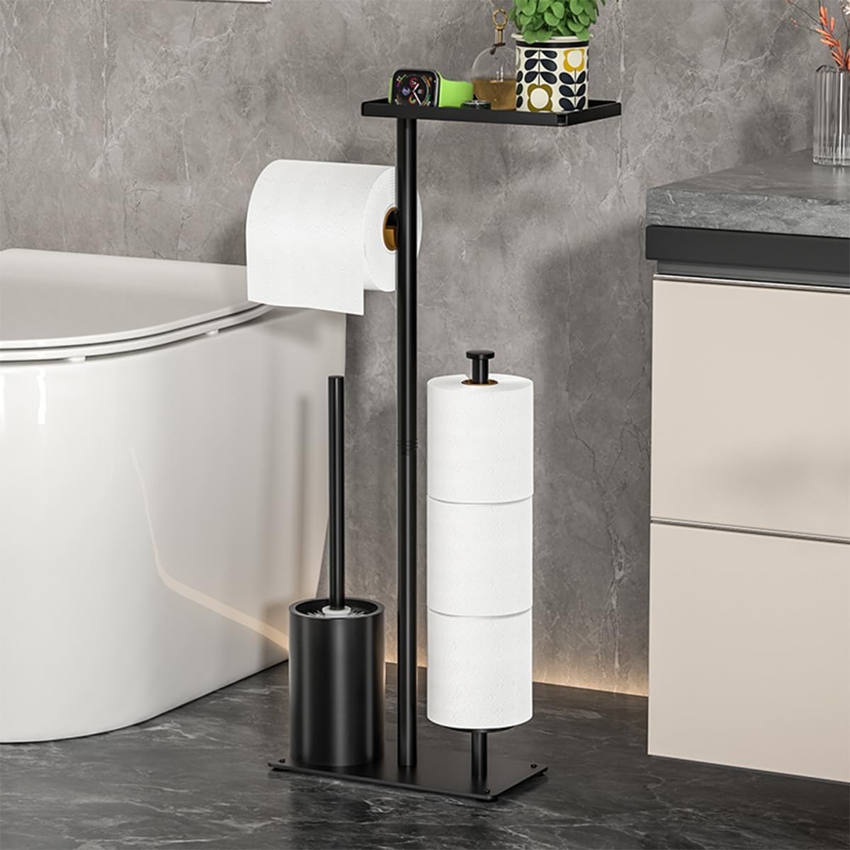 Skiennix Modern Bathroom Toilet Paper Stand - Black Metal Holder with Storage Shelf for 3 Mega Rolls | 24x12x60 Inches