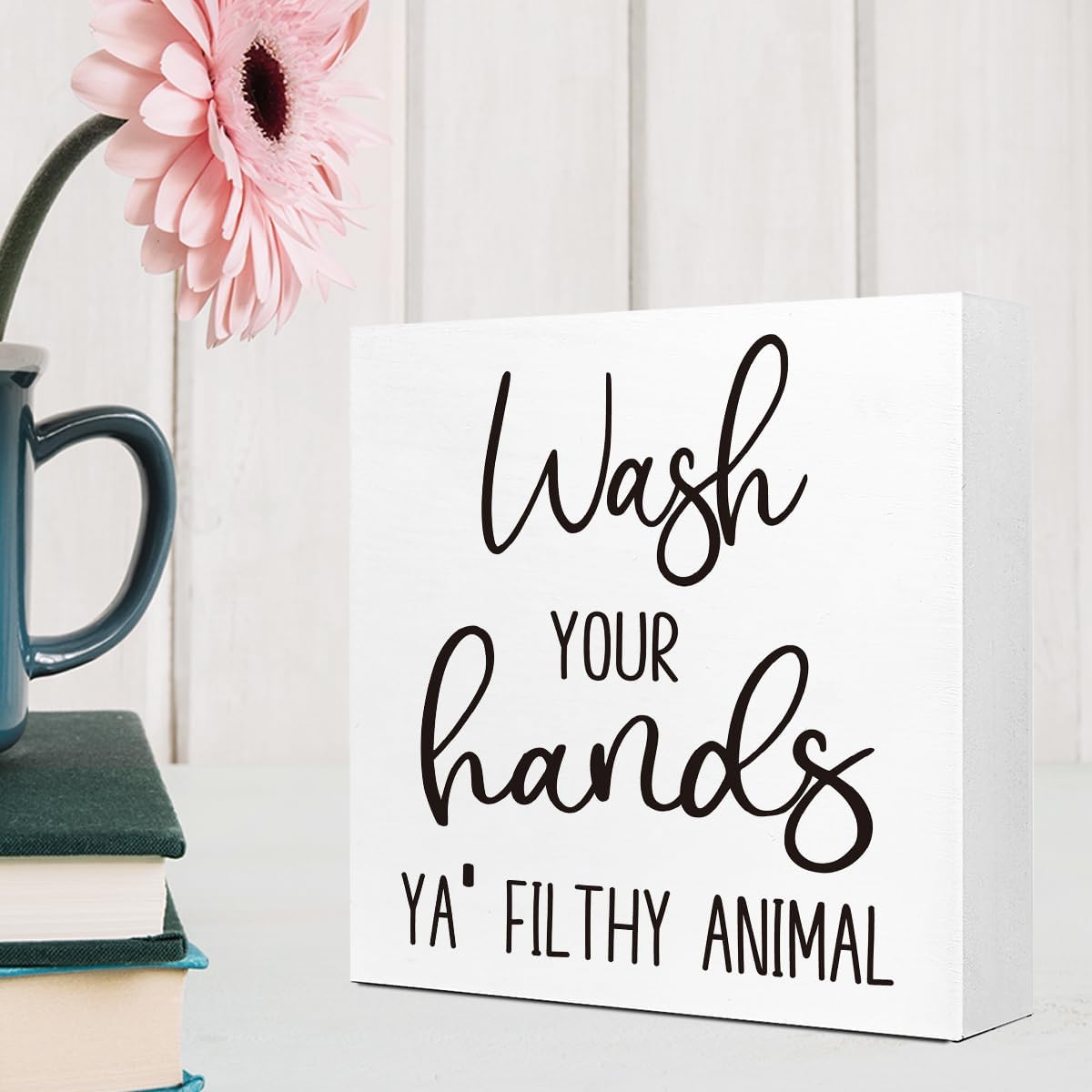 LVQHI Funny Wash Your Hands Sign - Rustic Bathroom Decor for Shelves & Tabletops