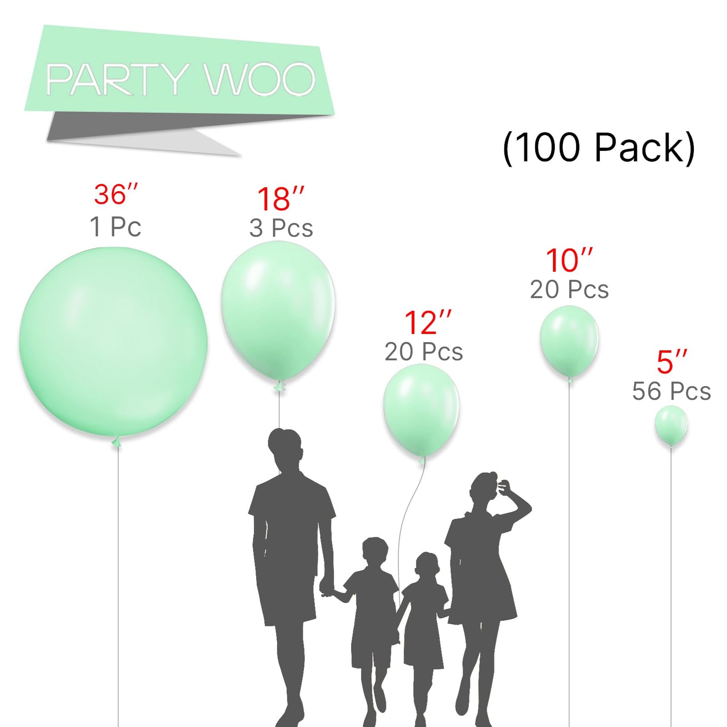PartyWoo Mint Green Balloons 100 pcs Different Sizes Pack of 36 18 12 10 5 Inch Pastel Light Green Peppermint Balloon Arch Kit Garland for Graduation Baby Shower Birthday Party Decorations Green-Q06