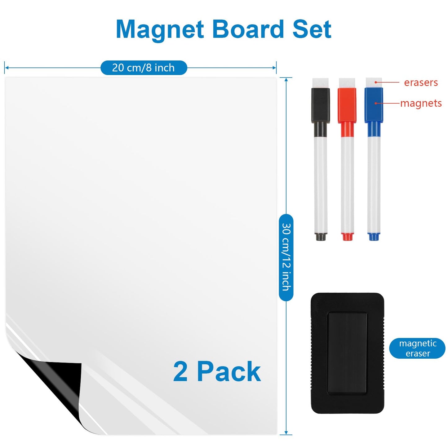 LYZZXI Magnetic Fridge White Board Paper, 8" x 12" 2 Pack Small Dry Erase Board Sheet for Organizer and Planner, Kitchen Refrigerator Whiteboard for Family to-do List, Includes Markers and Eraser