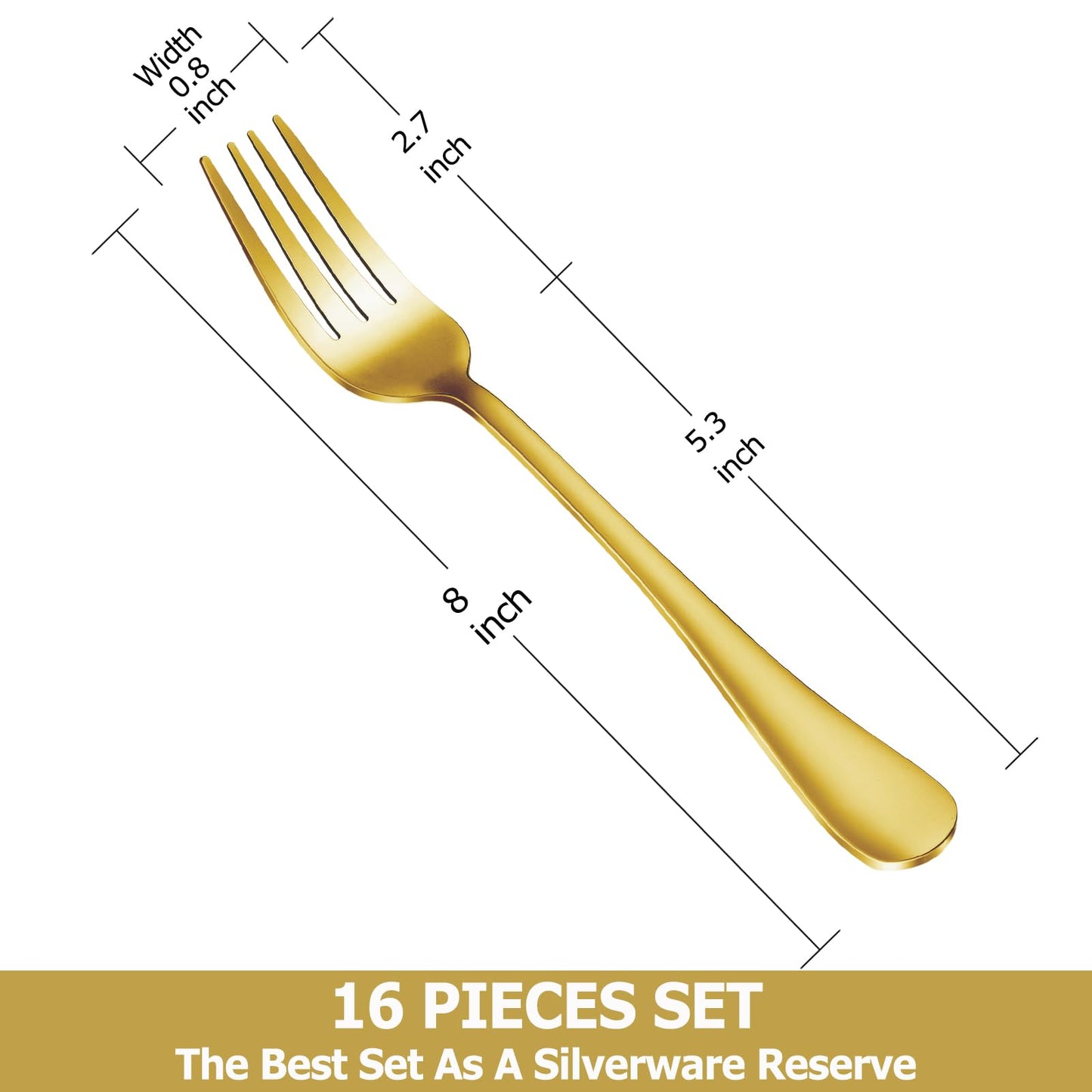 16 Piece Gold Dinner Forks Set, Food-Grade Stainless Steel Silverware Forks, Cutlery Fork, Metal Fork for Home, Kitchen or Restaurant, Mirror Polished, Dishwasher Safe - 8 Inch