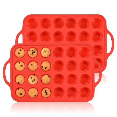 CAKETIME Silicone Mini Muffin Pan, Metal Reinforced Frame 24 Cups Mini Muffin Tin with Handles BPA Free Muffin Silicone Molds for Baking Muffins, Cupcakes, Egg Bites 2 Pack, Red