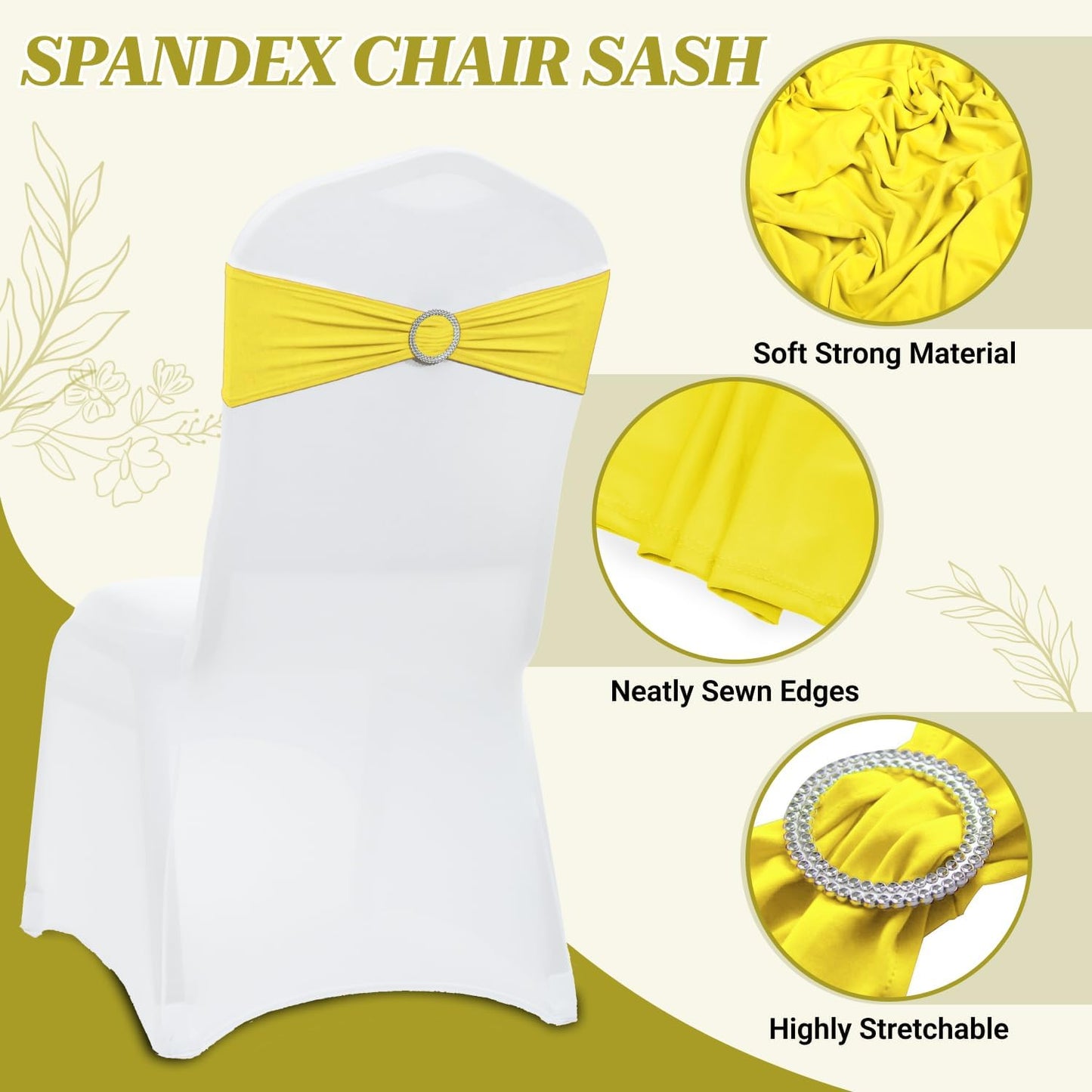 MDS Spandex Chair Sashes - Premium Stretch Covers with Buckle Slider | Universal Fit for Weddings & Events - Yellow, Pack of 100