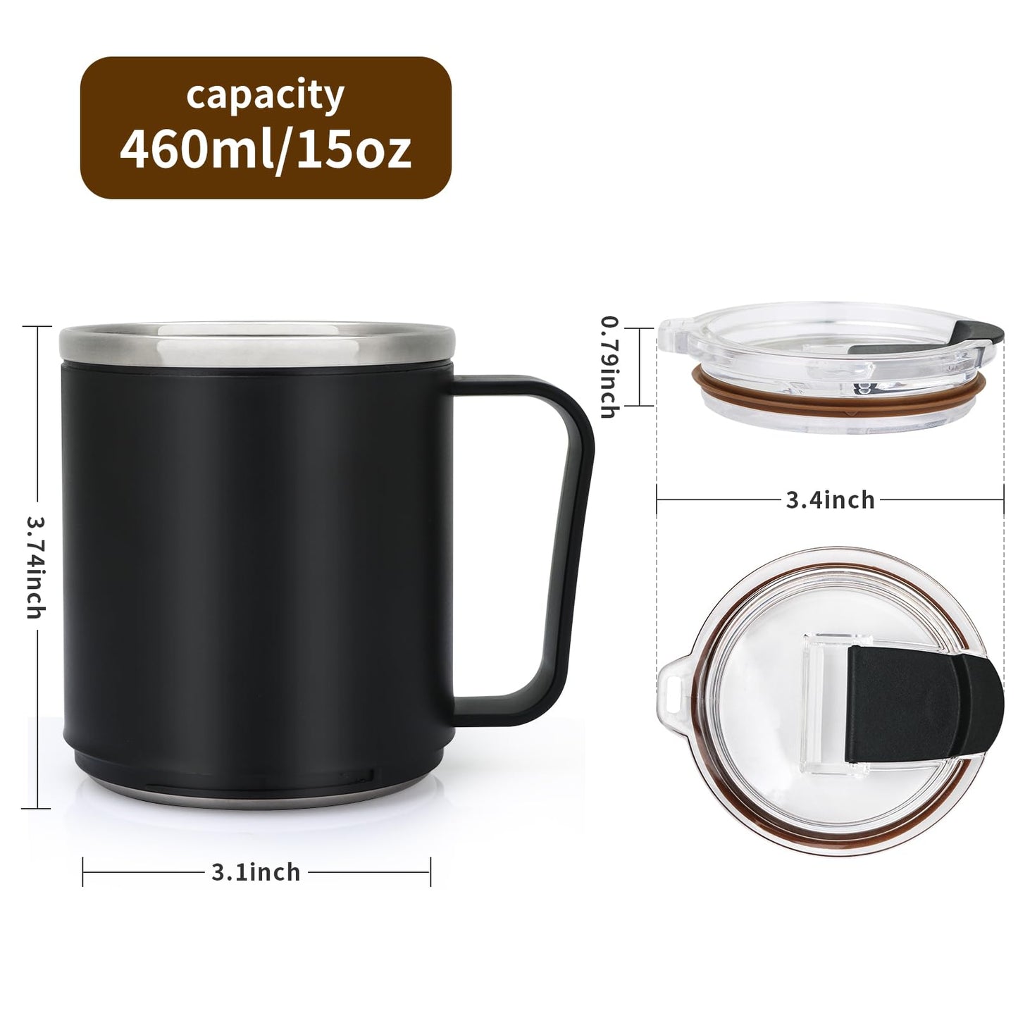 VOBAGA 15oz Stainless Steel Coffee Mug with Flat bottom and Handle, Work with Coffee Warmer for Rapid Heating Coffee, Tea and Milk Office Desk Accessories Black