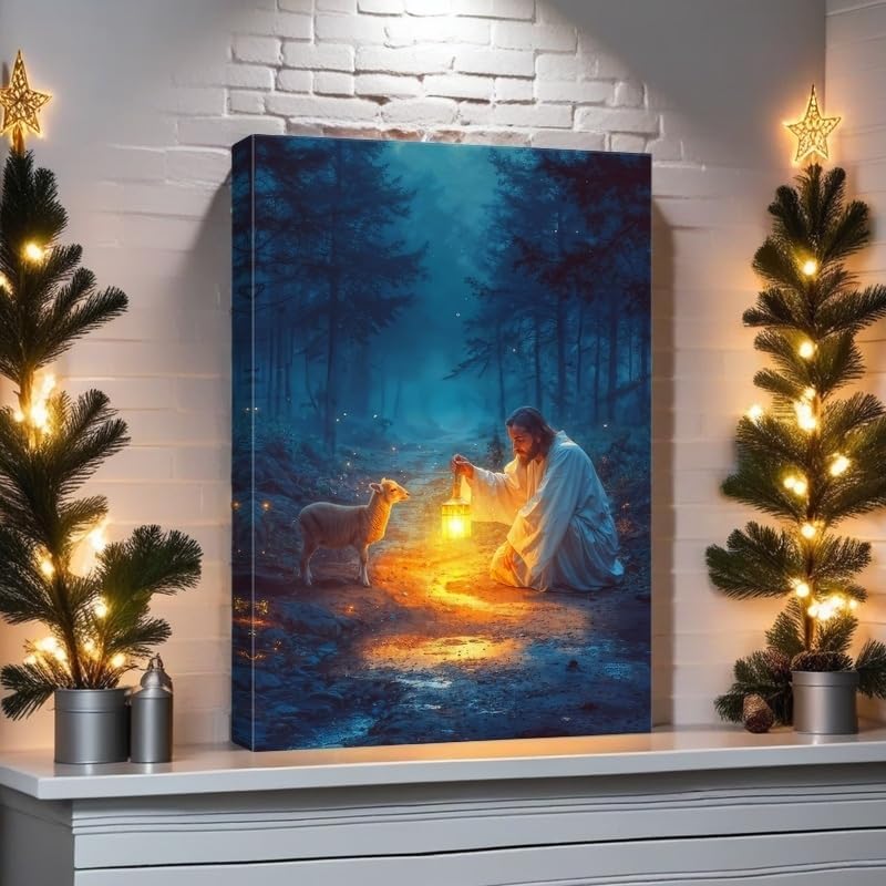 Ploceiny Christian Wall Art | Jesus Running After Lost Lamb Canvas Poster | 16" x 24" Home Decor