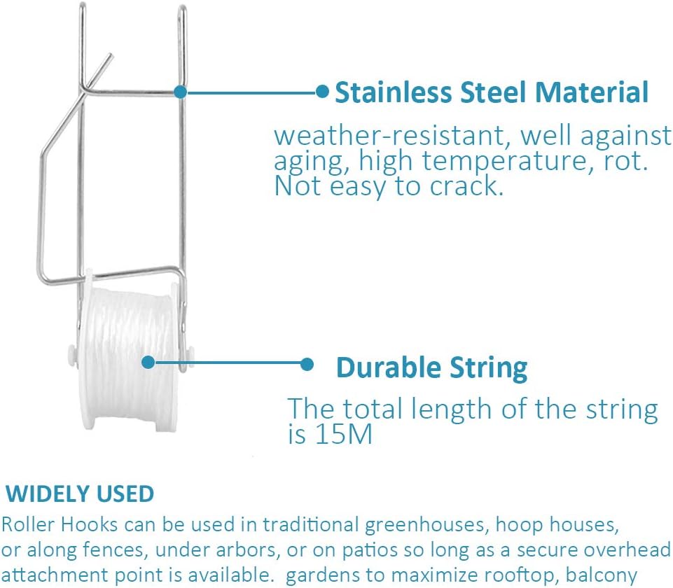 Skiennix 20 Pack Tomato Trellis Roller Hooks - 49.2FT String for Plants, Greenhouse & Vines