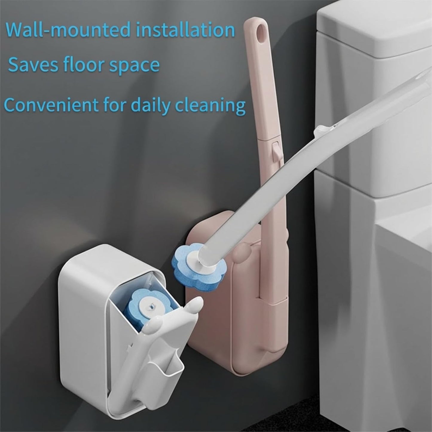 Skiennix Disposable Toilet Brush - 48 Refills Included | Wall-Mounted Holder for Deep Cleaning (White)