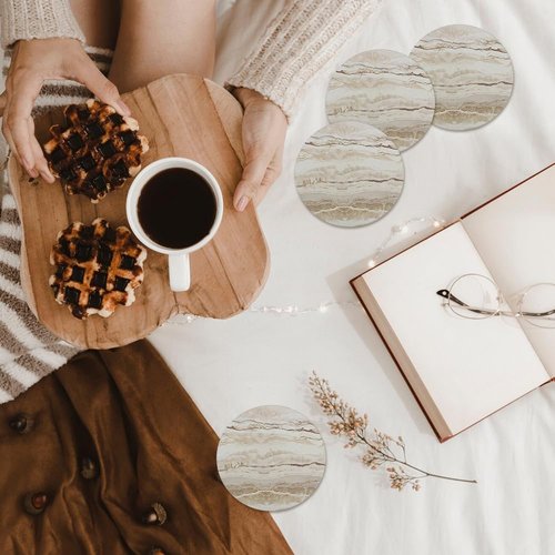 Ceramic Coasters Set of 6, Marble-Textured Design with Holder - Absorbent Cork-Backed Coasters for Cups, Bar & Coffee Table Decor Accessories (Khaki Marble, 4 Pack)