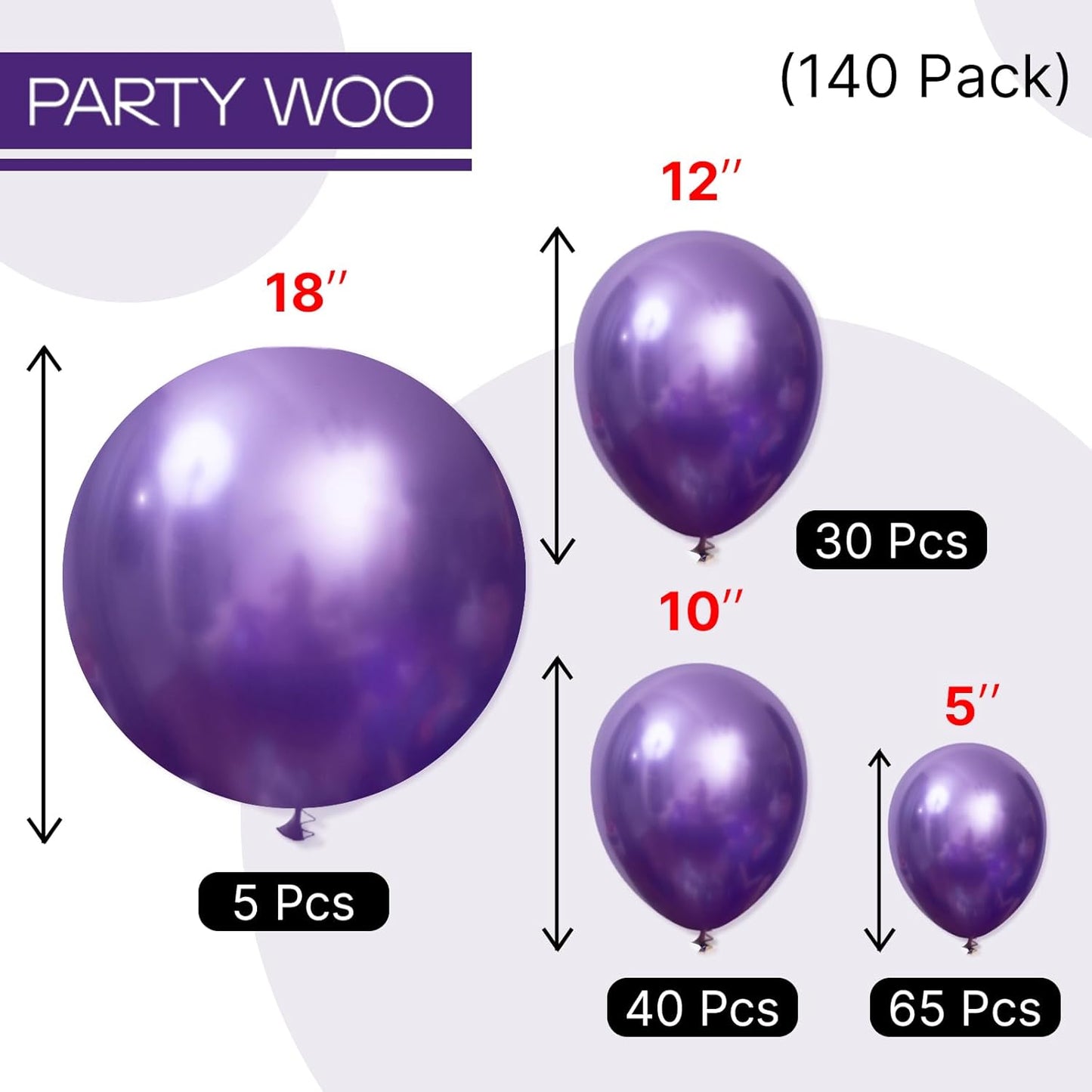 PartyWoo Metallic Purple Balloons - 140-Piece Chrome Balloon Arch Kit for Graduation & Birthday Celebrations | Various Sizes