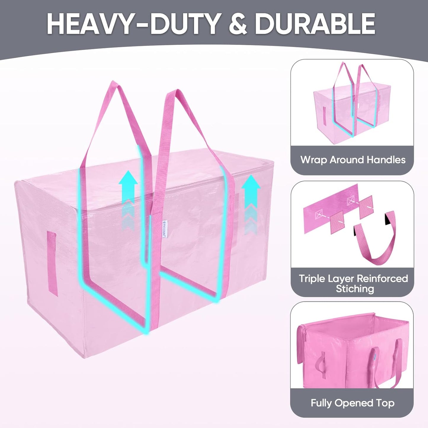 TICONN Extra Large Heavy-Duty Moving Bags - Durable Storage with Zippers & Handles | 6 Pack, Pink