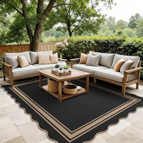 5x7 Rectangular Scalloped Jute Outdoor Rug - Black, Washable Patio Rug