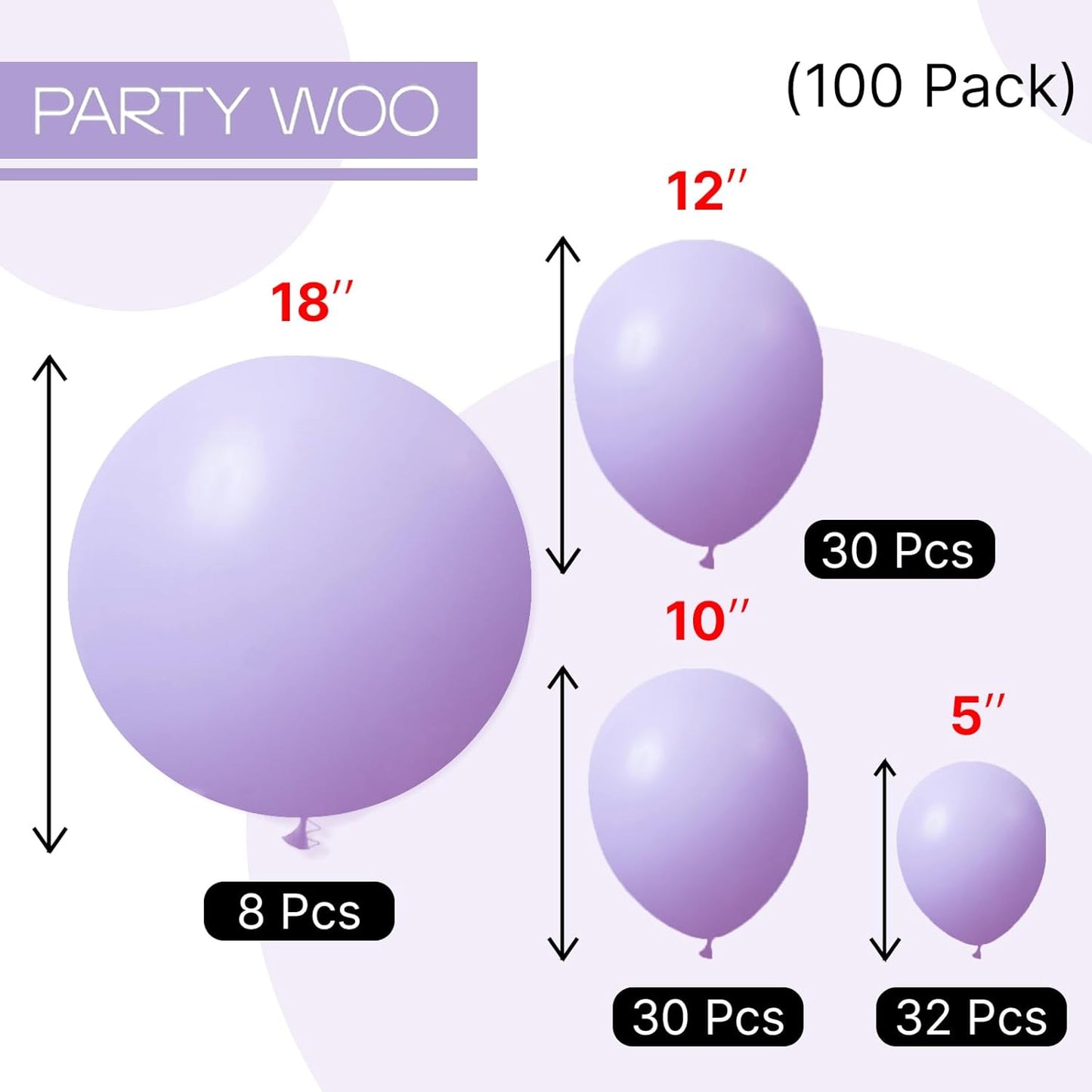 PartyWoo Lavender Balloons - 100-Piece Pack in Various Sizes for Baby Shower & Birthday Decor | Light Pastel Purple