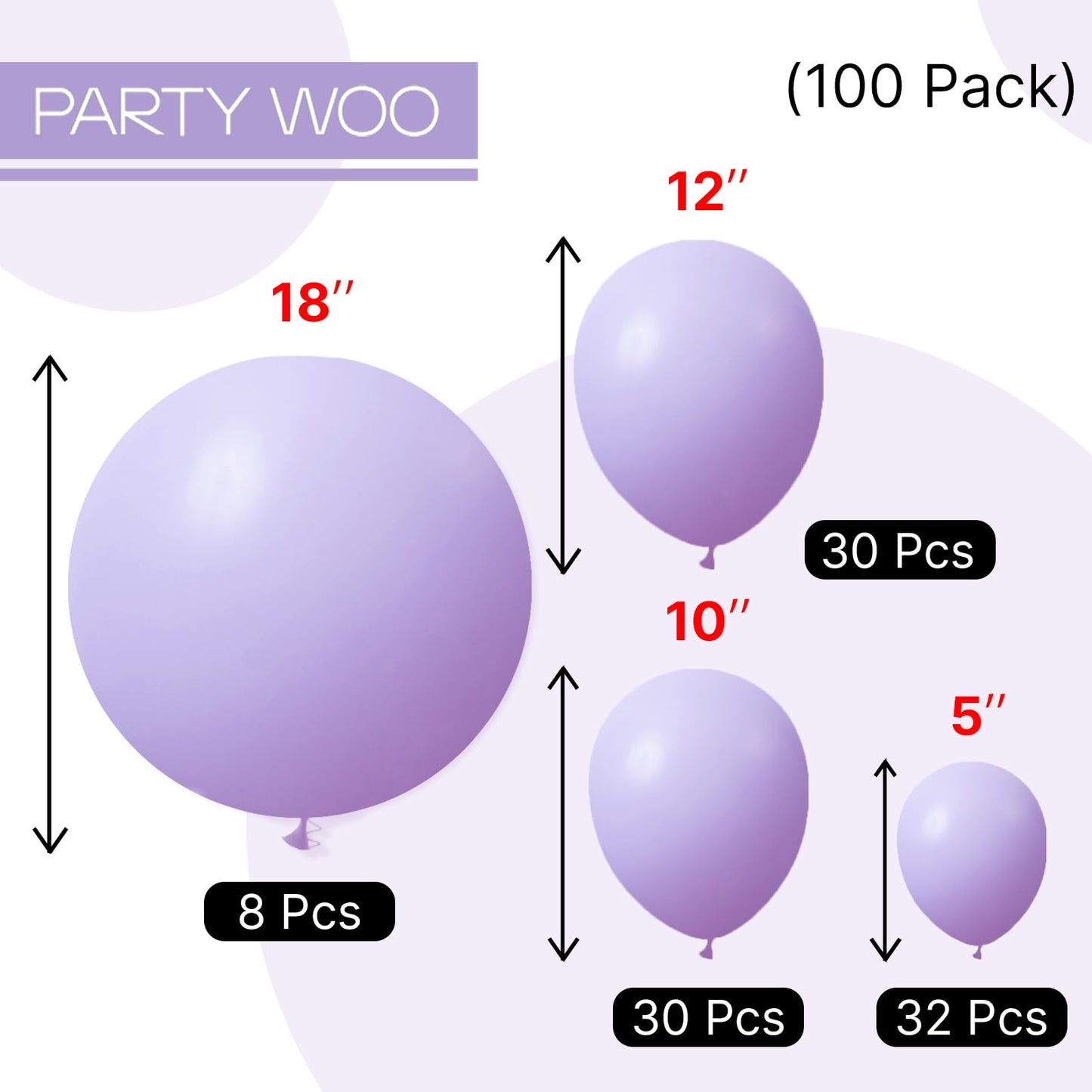 PartyWoo Lavender Balloons 100pcs Different Sizes Pack of 18 12 10 5 Inch Light Pastel Purple Lilac Balloon Arch Kit for Baby Shower Bachelorette Fairy Birthday Princess Party Decorations Purple-Q10