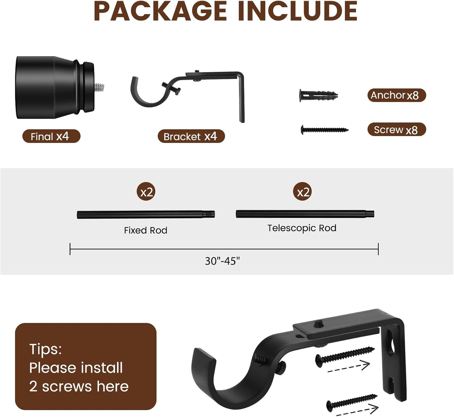 Skiennix 1” Diameter Adjustable Curtain Rod - Heavy Duty Matte Black | Fits 30-39 Inch Windows, 2 Pack