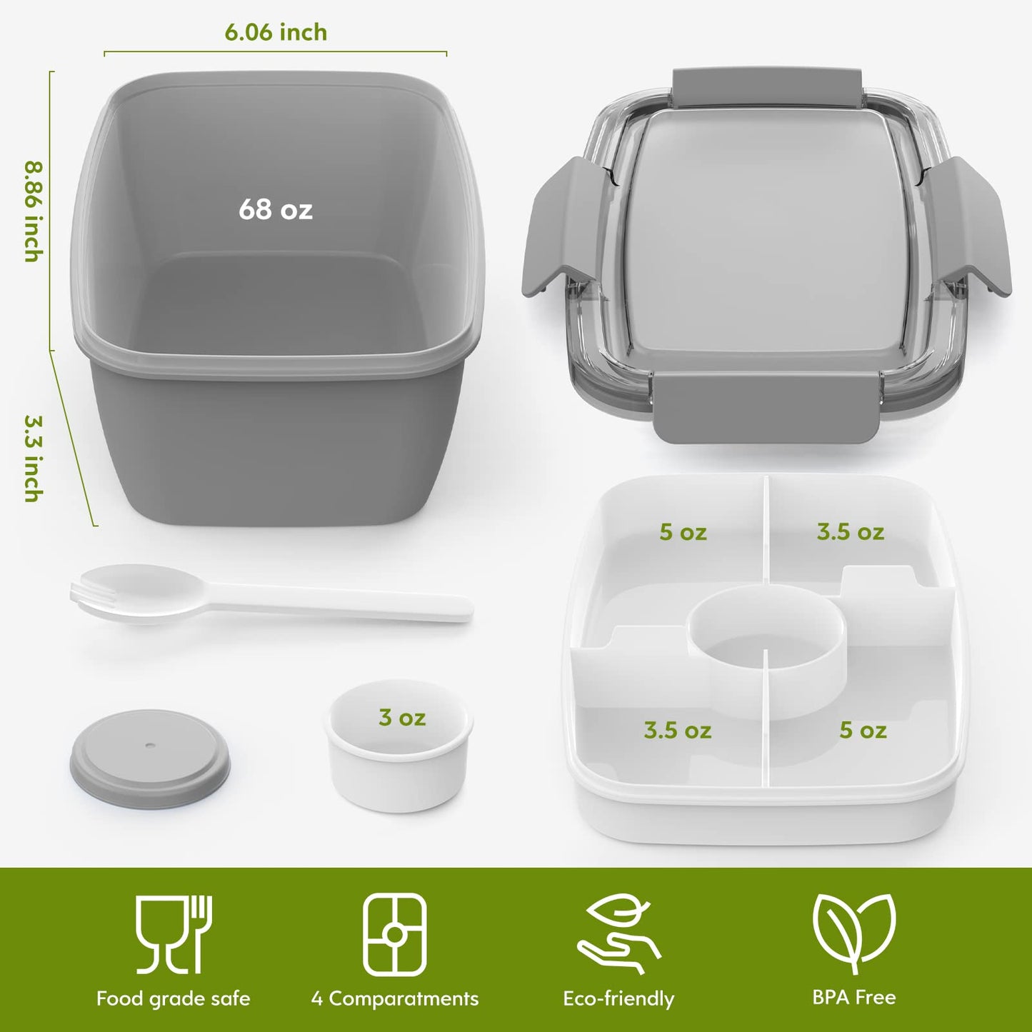 Cherrysea 2Pack Salad Lunch Container, 68oz Salad Bowls with 4 Compartments Tray,Leak Proof Lunch Box with Fork for Men,Women BPA-Free Snack Container with Sauce Container for Dressings-Grey