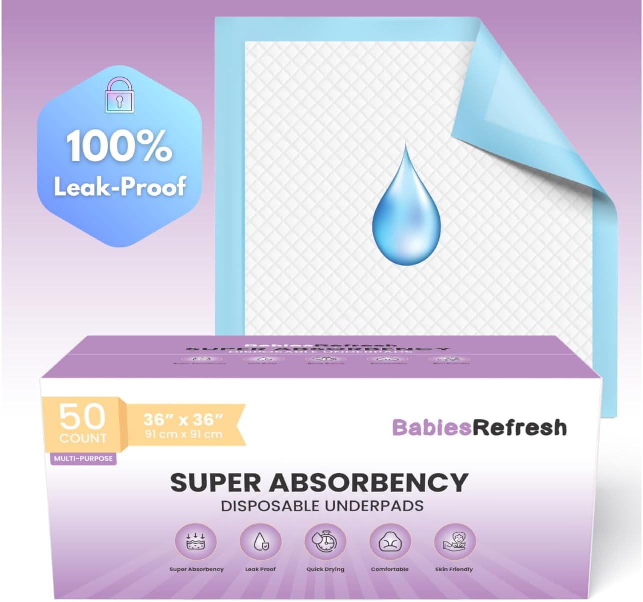 Skiennix Disposable Underpads - 50 Count Super Absorbency | Leakproof & Quick Drying, 36” x 36”, Blue XXL