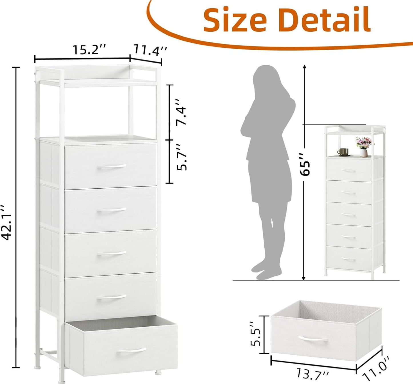 Somdot Tall Dresser - 5-Drawer Vertical Storage Tower Unit for Bedroom | White Leather Finish