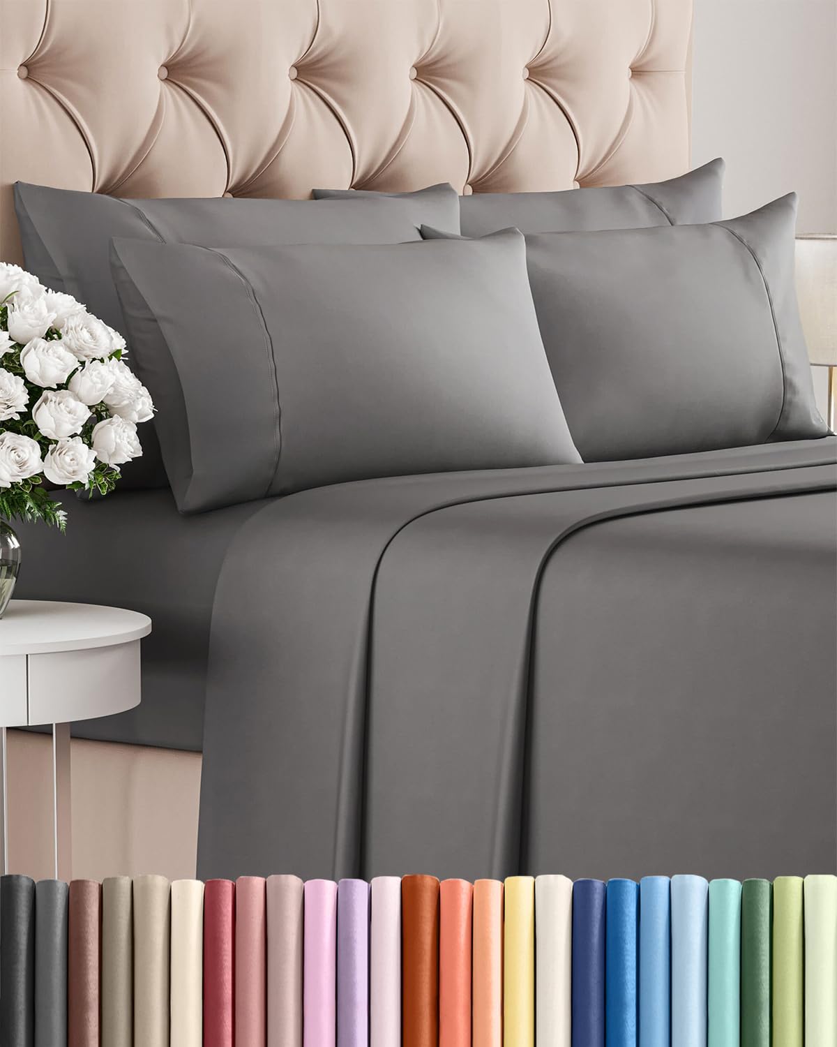 King 6 Piece Sheet Set - Ultra-Soft Cooling Bedding with Deep Pockets - Dark Grey | Hotel Luxury Comfort
