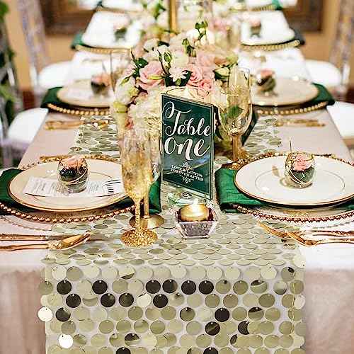 Pufogu 12 x 108 Inch Sequin Table Runner, Champagne Glitter Premium Big Sequin Table Runner, Rectangle Table Runners for Halloween, Christmas, Wedding Party, Birthday Party, Banquet Decor (1 Pack).