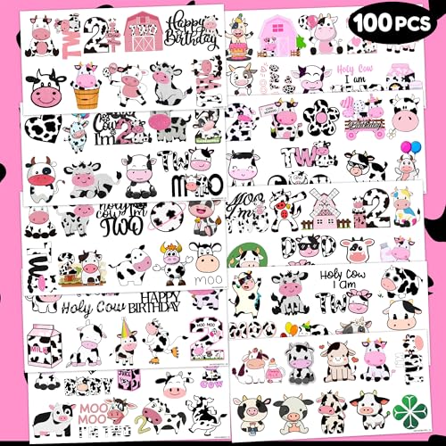 Holy Cow Im Two Temporary Tattoos Pink Cow 2nd Birthday Party Decorations Favors Supplies Cow Themed Stickers 10 Sheets 100 PCS Gifts for Baby Girls Boys Decor Class School Carnival Christmas