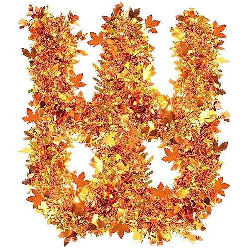 GlyinnHe 33Ft Thanksgiving Tinsel Garland, Golden Maple Leaf Metallic Twist Fall Hanging Garland for Autumn Thanksgiving Halloween Party Decoration