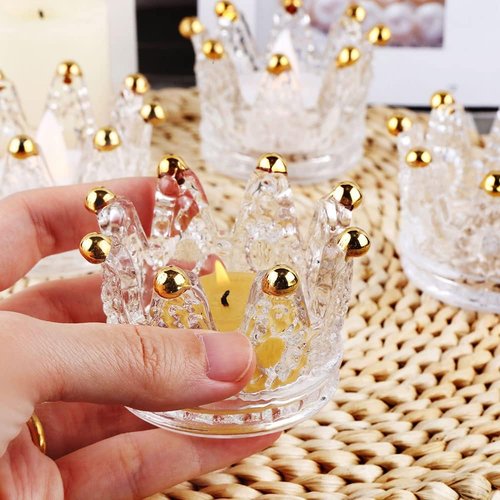 Crown Glass Tealight Candle Holders - Set of 12 Elegant Votive Holders for Weddings & Home Decor | Gold Finish