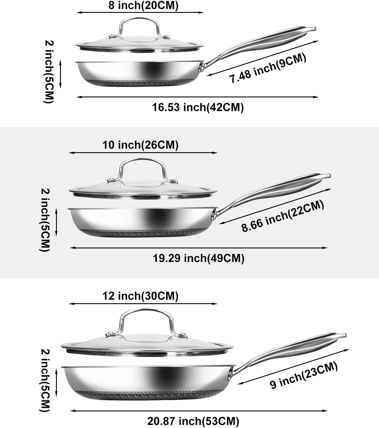 USELUCK Nonstick Frying Pans Set - 8/10/12 Inch Stainless Steel Skillets with Honeycomb Surface | Induction & Oven Safe, PFAS-Free