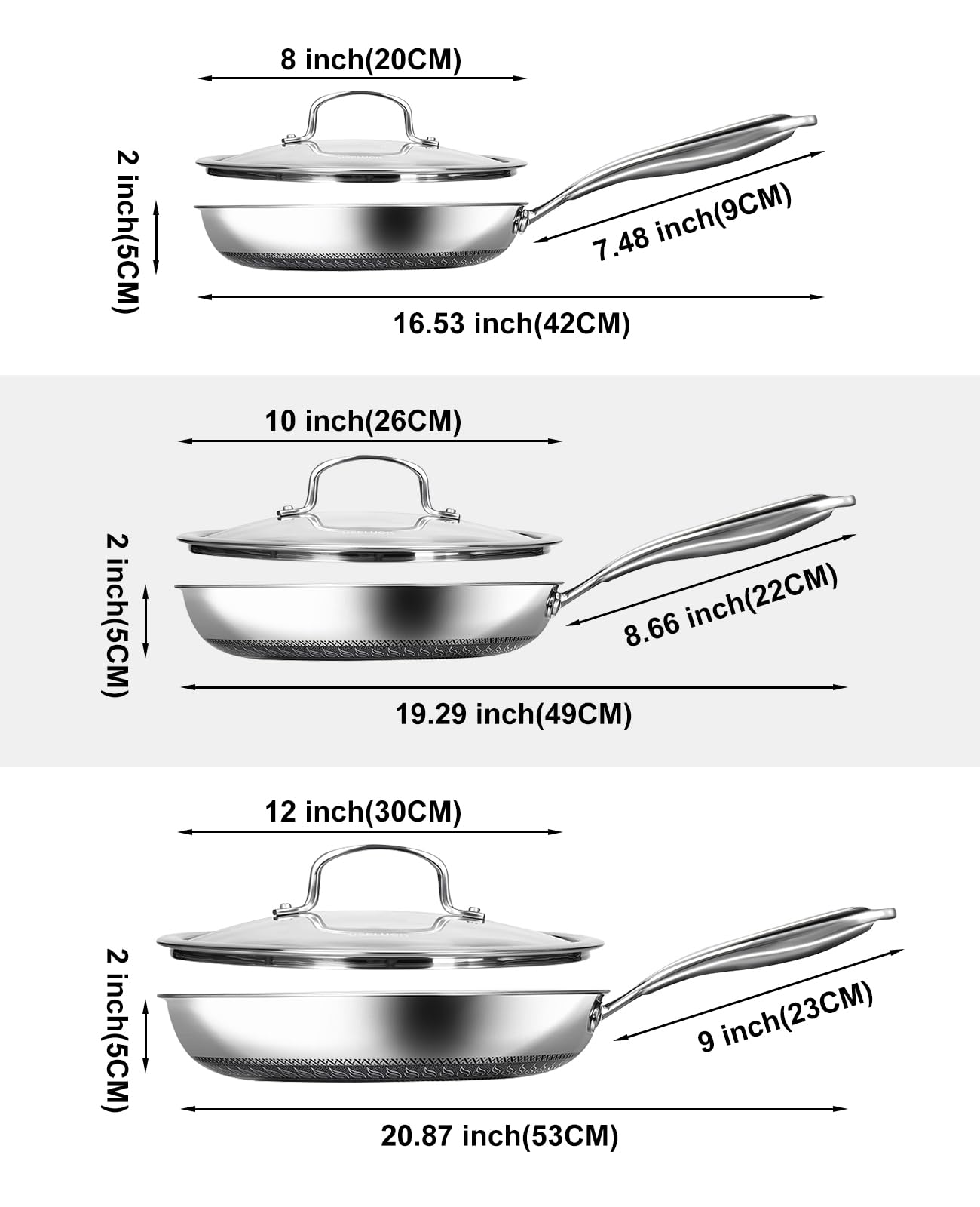 USELUCK Nonstick Frying Pans with Lid,8/10/12 inch Stainless Steel Skillet Set with Honeycomb Surface, Induction Compatible, Oven & Dishwasher Safe, PFAS-Free Cookware Sets (Frying Pan 6PCS)