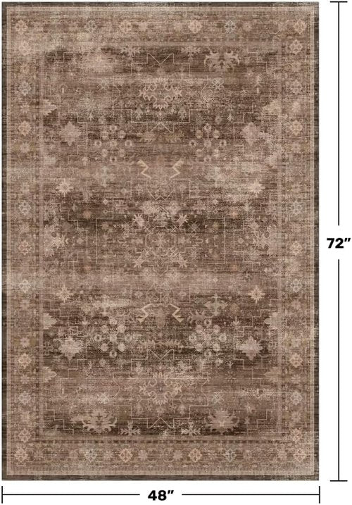 Boho Taupe Brown 4x6 Living Room Rug - Modern Oriental Design, Washable Low Pile, Non-Slip Area Rug