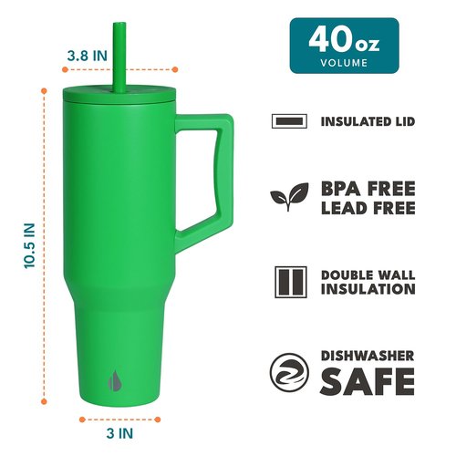 Elemental 40 oz Tumbler with Handle and Straw - Spill Proof Insulated Stainless Steel Commuter for Cold Beverages - Travel Coffee Mug with 2 Straws & Spill Proof Lid - 40oz - Green