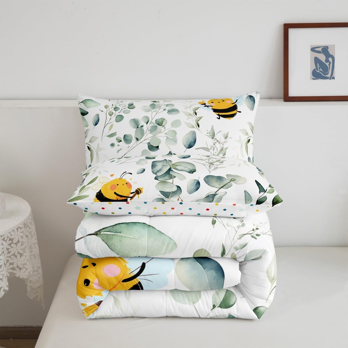 Erosebridal Boys Cartoon Wildlife Twin Size Comforter Set for Kids Toddler Kawaii Bee Bedding Set, Honey Bee Down Comforter Wild Animal Bed Set, Botanical Green Eucalyptus Quilted Duvet