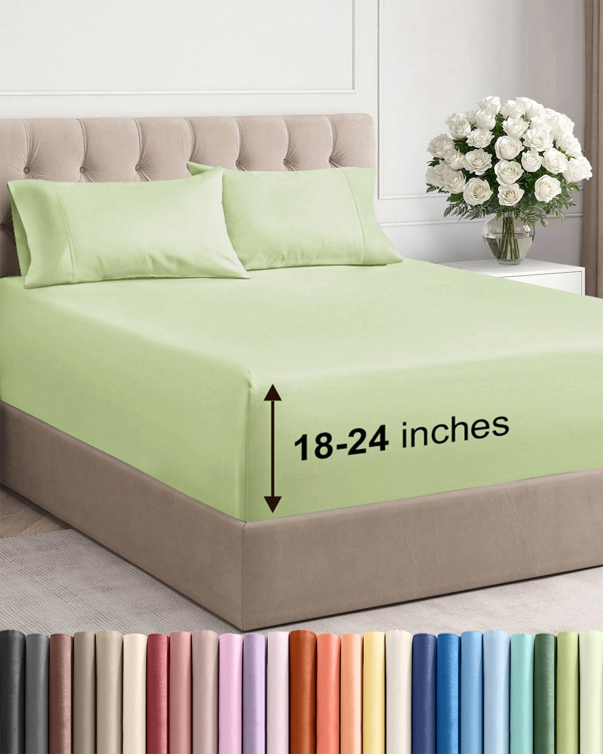 Skiennix Extra Deep Twin Sheet Set - 4-Piece Breathable Cooling Bedding - Soft, Wrinkle-Free Light Sage