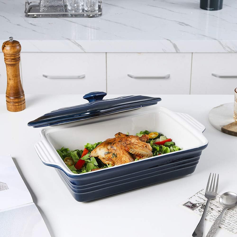 KOOV Ceramic Casserole Dish - Covered Rectangular Lasagna Pan, 9 x 13 Inches, Gradient Blue