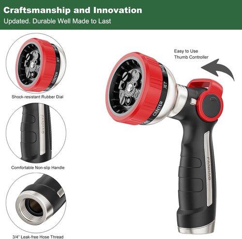 FANHAO Heavy Duty Garden Hose Nozzle - 100% Metal Sprayer with 9 Spray Patterns & Thumb Control