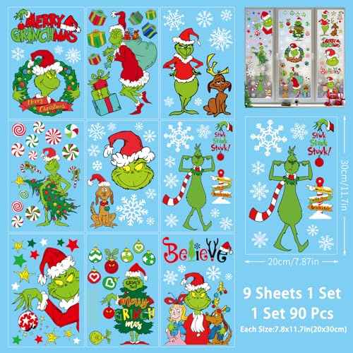 Christmas Window Clings Xmas Decor - 90 PCS Reusable Double Sided Static Window Stickers - Merry Christmas Gel Decals for Xmas Decorations Indoor Party Supplies