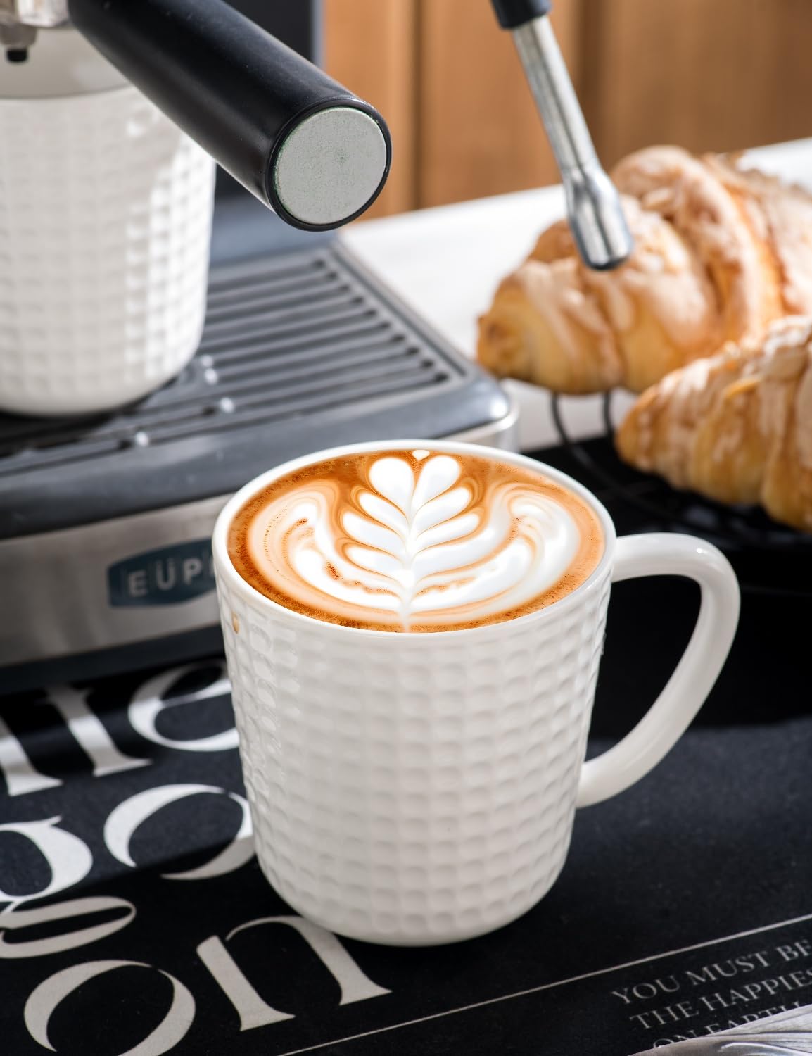 14oz Ceramic Coffee Mugs Set of 4 - Embossed Grid Texture Coffee Cups -Modern Minimalist Coffee Mug for Latte, Cappuccino & Cocoa - Dishwasher & Microwave Safe - Ideal Mother's Day & Wedding Gift