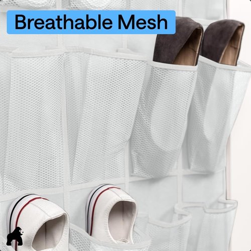 GORILLA GRIP Over The Door Shoe Organizer - 12 Large Breathable Mesh Pockets | Space-Saving Hanging Storage, 64H x 9.5W, White