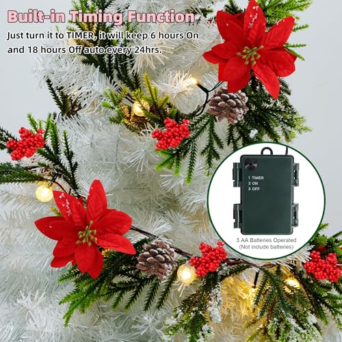 Juegoal 2 Pack 9ft Pre-lit Artificial Christmas Garland with Lights, Poinsettia & Pine Cones