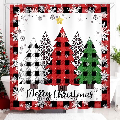 Christmas Tree Shower Curtain Red Buffalo Plaid Xmas Tree Snowflake 72x72 Inch with Hooks - Plaid Xmas Tree Pattern