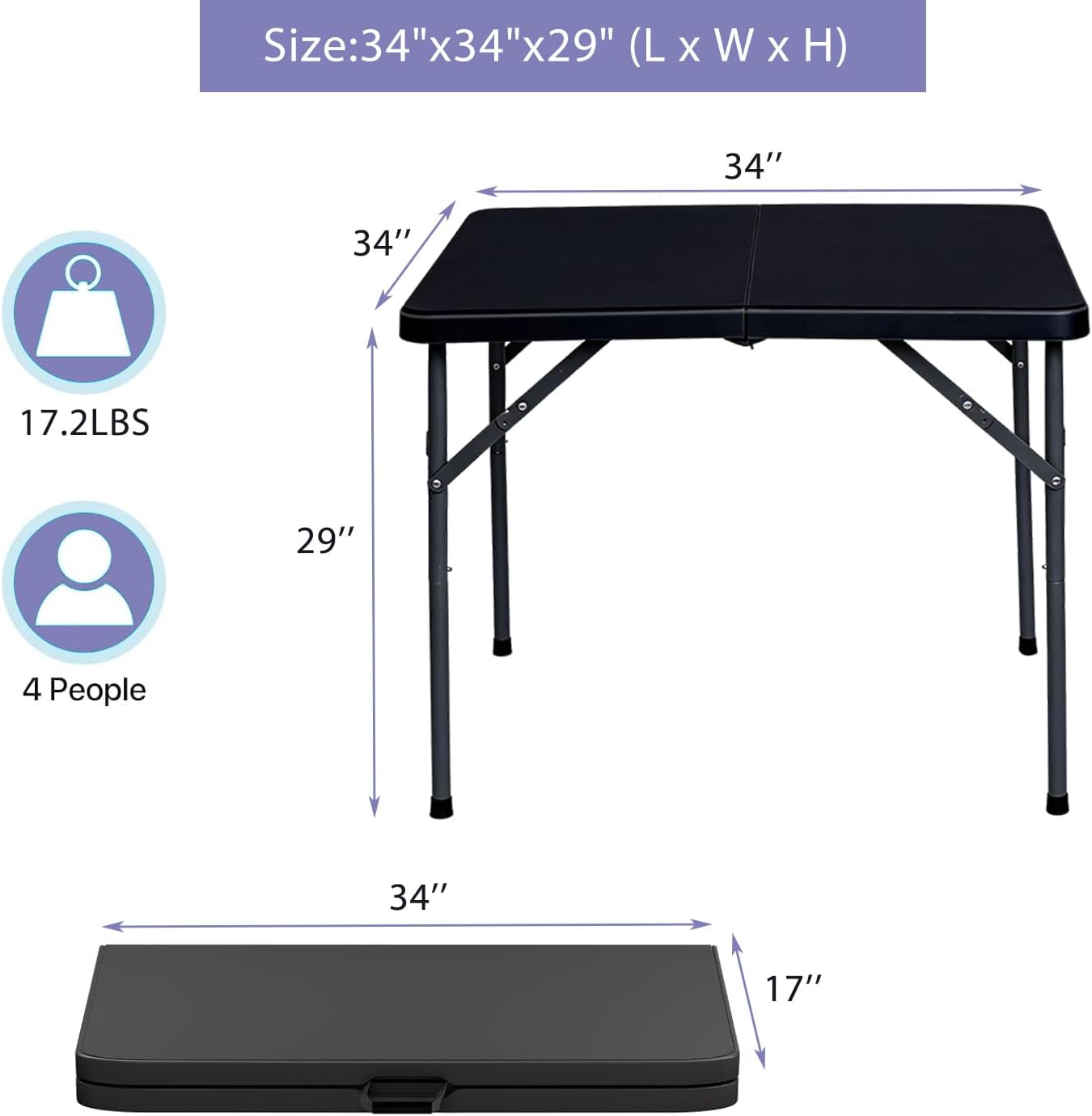 Lakhow 34" Square Folding Table - Durable Plastic Card Table with Collapsible Legs | Black for Indoor/Outdoor Events
