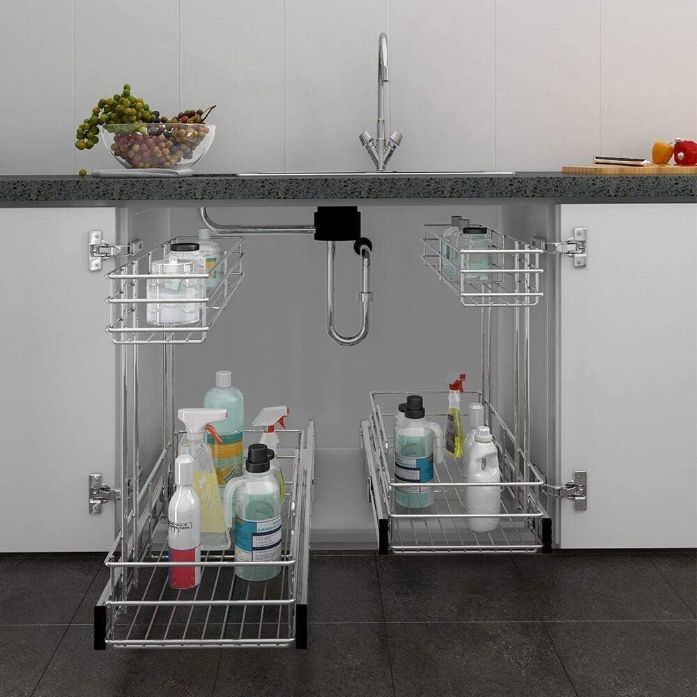 Under Sink Organizer by [Brand Name] - 2-Tier Pull-Out Cabinet Organizer | Chrome Plated, 9"W x 18.5"D