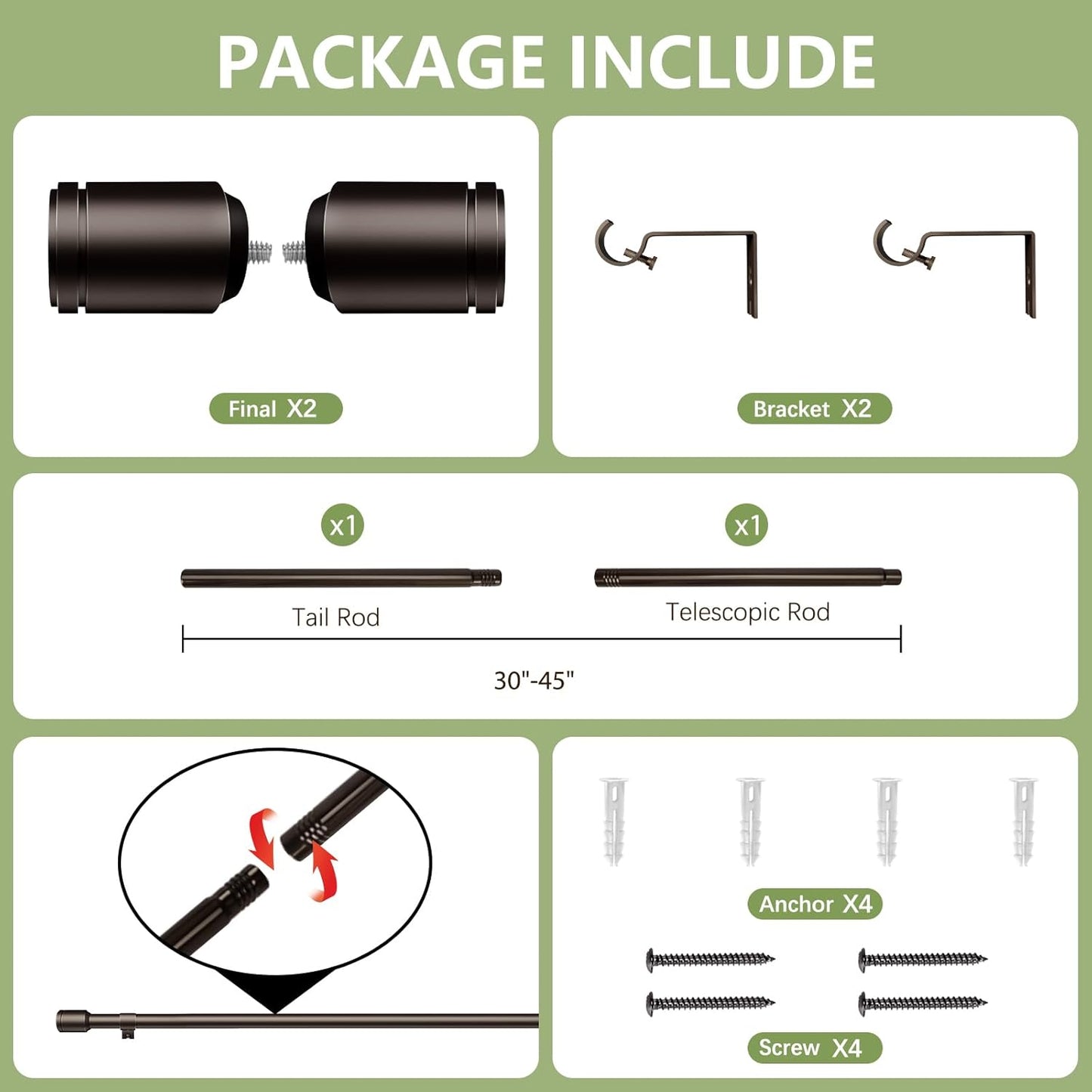 Skiennix Adjustable Curtain Rods - 5/8” Diameter, 30-45 Inch for 30-39 Inch Windows - Bronze Finish with Brackets