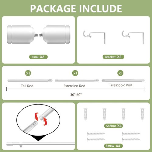 Adjustable 5/8” Diameter Silver Curtain Rods by [Brand Name] | 30-60 Inch for 30-54 Inch Windows