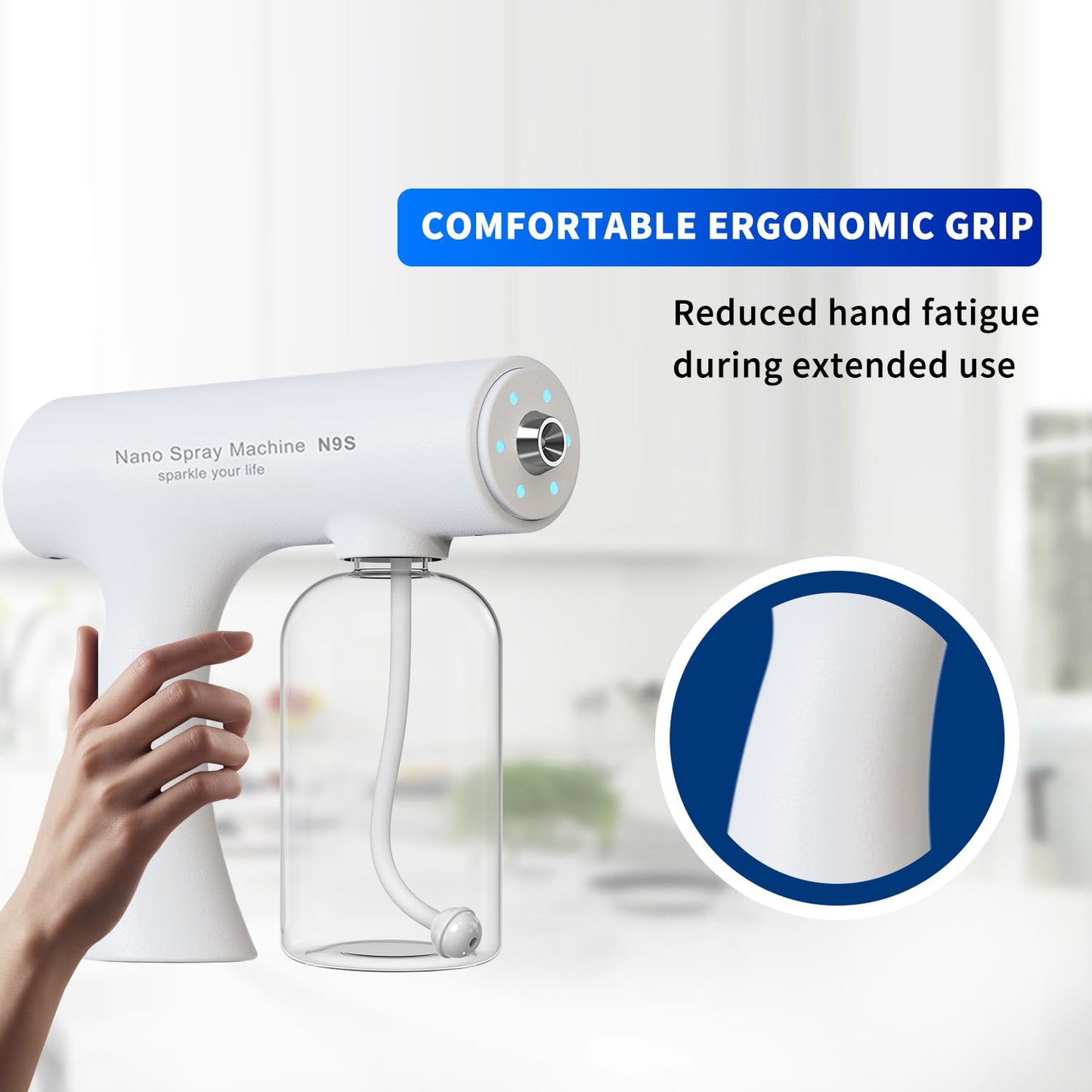 ULV Electrostatic Nano Mist Sprayer with Blue Light, 350ml Cordless Handheld for Home Car Office Salon Multi-Surface Cleaning (N9S White)