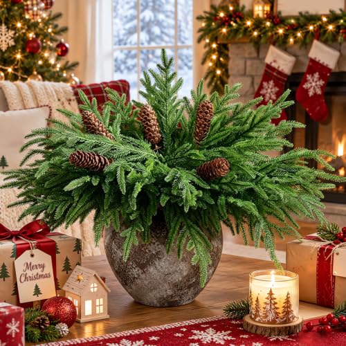12Pcs Artificial Norfolk Pine Branches with Pinecones Holiday Decor