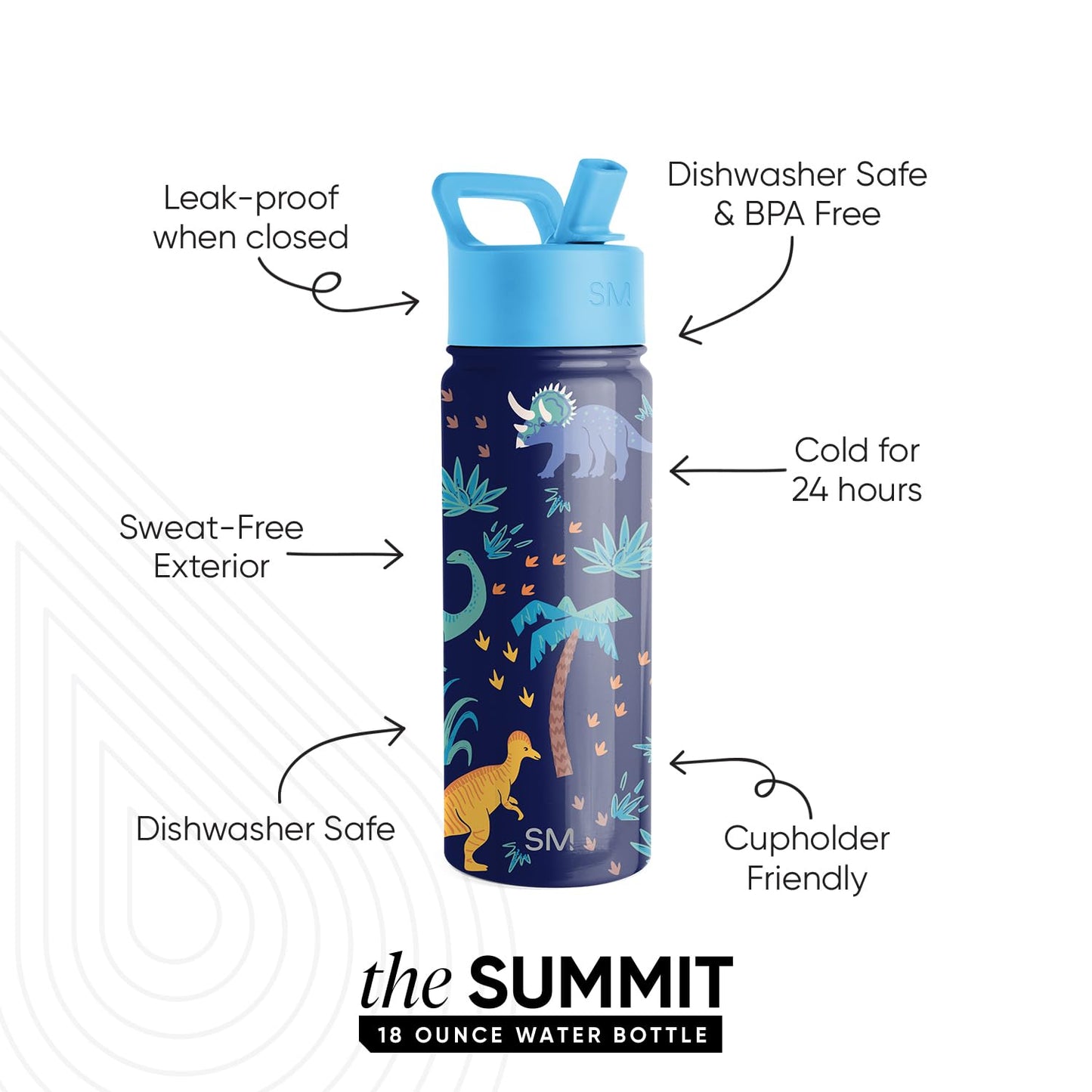 Simple Modern Kids Summit Water Bottle with Straw Lid | 18oz Stainless Steel Cup Insulated Tumbler for Toddlers, School | Jurassic Jungle
