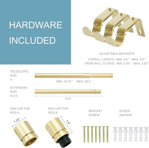 Byondeth Adjustable Curtain Rods - 16 to 120 Inches, 1 Inch Diameter, Warm Gold Finish with Aluminium Finials