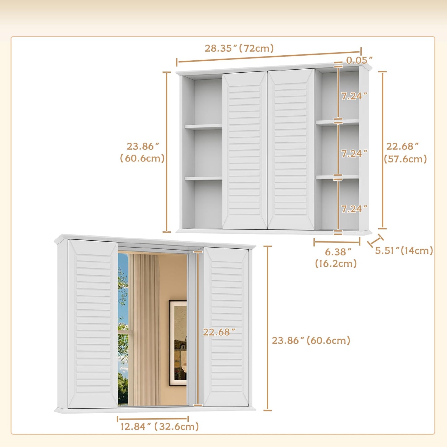 FFBCFDK Bathroom Medicine Cabinet Mirror 28.3 x 23.8 inch Bathroom Mirror with Storage Wall Mounted Medicine Mirror Cabinet Wood Organizer with 2 Door Surface Mount Farmhouse Storage Cabinet